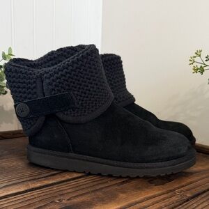 UGG Shaina Black Knit Upper Sueded Leather Boots